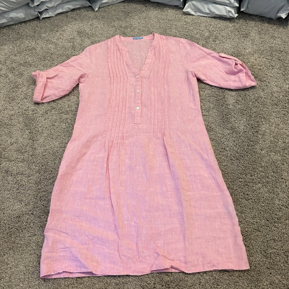 J Mclaughlin Riviera Linen Dress size XS Pintuck Pop Over Roll Up Sleeve Pink